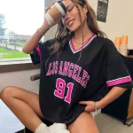 Women's Large Printed T-shirt Los Angeles 91 Letter Short Sleeve V-neck Loose Street Wear Sports Jersey Spring/Summer Tshirt Top