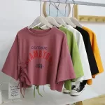 Summer Cropped Print T-shirts 2025 New Korea Women O-Neck Long Sleeve Lace Up Shirring Tee Tops