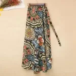Summer Beach Floral Skirt for Women Cotton High Waist Wrap Maxi Skirt Long with Side Slit & Tie Detail Boho Style Design