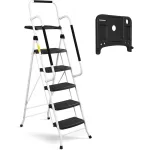 Portable Folding Steel Ladder with Handrails for Adults - Home, Kitchen, Library, Office Use, White
