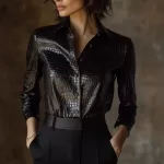 White Black Pu Snake Skin Button Cardigan Shirt TOP Women Elegant and Fashionable Long Sleeved Shiny Retro Top 2025 Streetwear