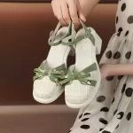 Sandals for Women Green Footwear Closed Summer 2025 Bow Square Heels Low Ladies Shoes Vintage on Offer Korea Comfort Vip Trend