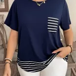 2025 New Summer striped round-neck loose short-sleeved fake two-piece top T-shirt