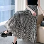 Patchwork Tiered Skirt Women 2025 Summer Vintage Checkered High Waisted Elastic Waist Slimming Midi Skir