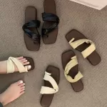 Korea Summer Retro 2025 Square Toe Toe-Loop Flat Sandals Vintage Slide Slippers Beach Casual Shoes Slingback Outdoor Footwear