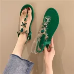 Summer 2025 Flat Rubber Sandals for Woman Women's Shoes No Heel Crystal Diamond Footwear Rhinestones Green Korea Sandal Designer