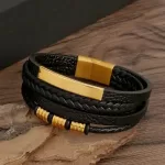 Multi Layers PU Leather Mens Magnut Closure Bracelet Waved Leather Gold Color Metal Tube Charm Fashion Mens Jewelry Hiphop